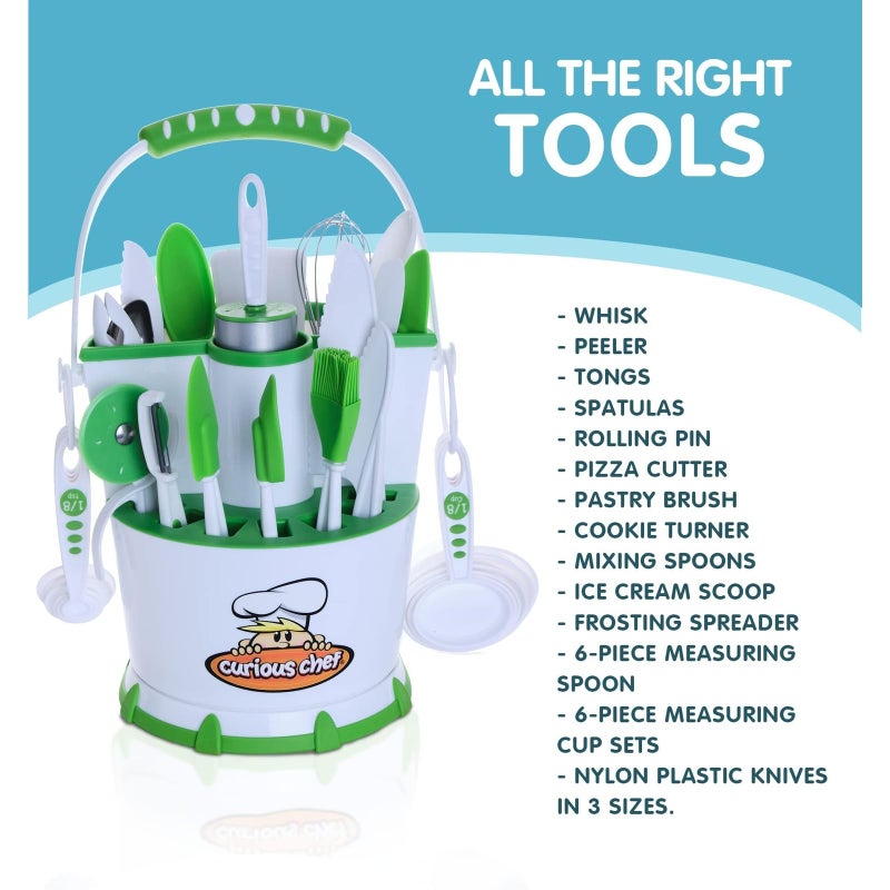 Curious Chef Kids Cooking Utensil Caddy - Durable Dishwasher-Safe & Kid-Safe Utensils - Real Baking Supplies & Kitchen Tools for Budding Chefs - Complete Cooking Tool Set - White/Green, 30 Piece Set - Image 3